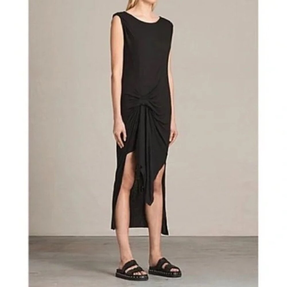All Saints Riviera Asymmetrical Drape Sleeveless Jersey Knit Shirt Dress S